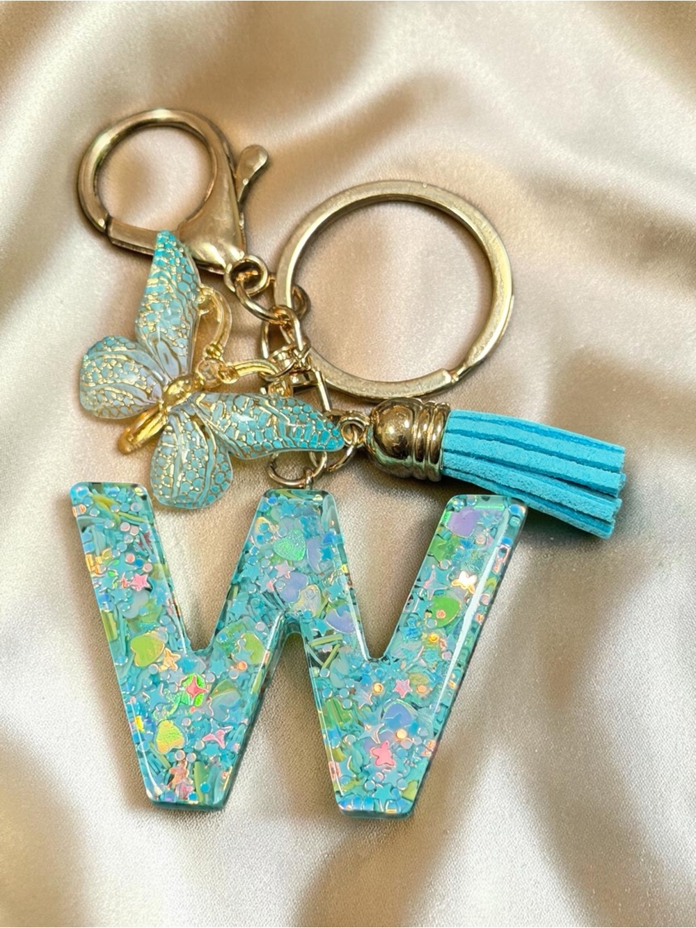 Turquoise Glitter 'W' Initial Keychain with Butterfly and Tassel
